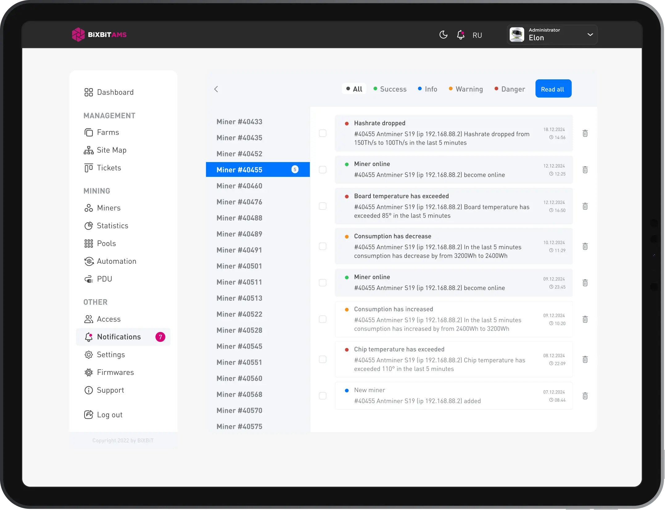 BiXBiT AMS miner notifications dashboard